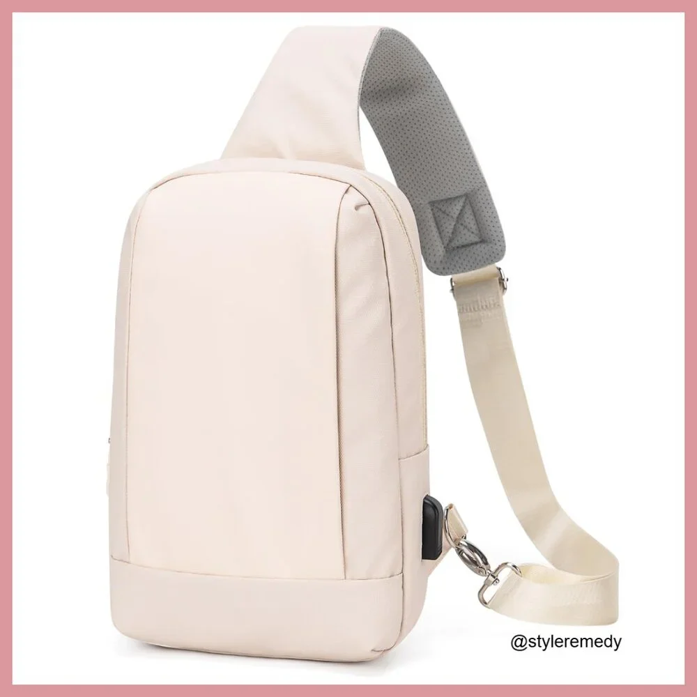 PU Leather Sling Bag with USB Charging Port, Adjustable Strap